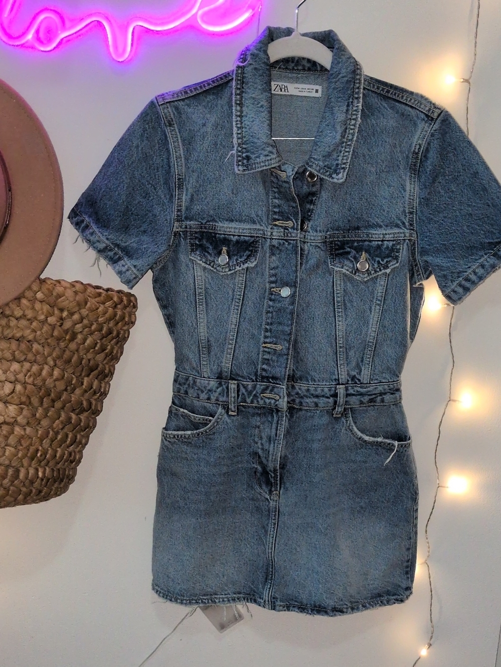 ZARA Short Sleeve Denim Dress - Dark Blue
